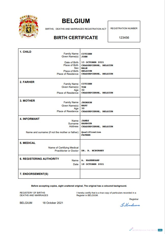 Download Belgium vital record birth certificate Word and PDF Photoshop template